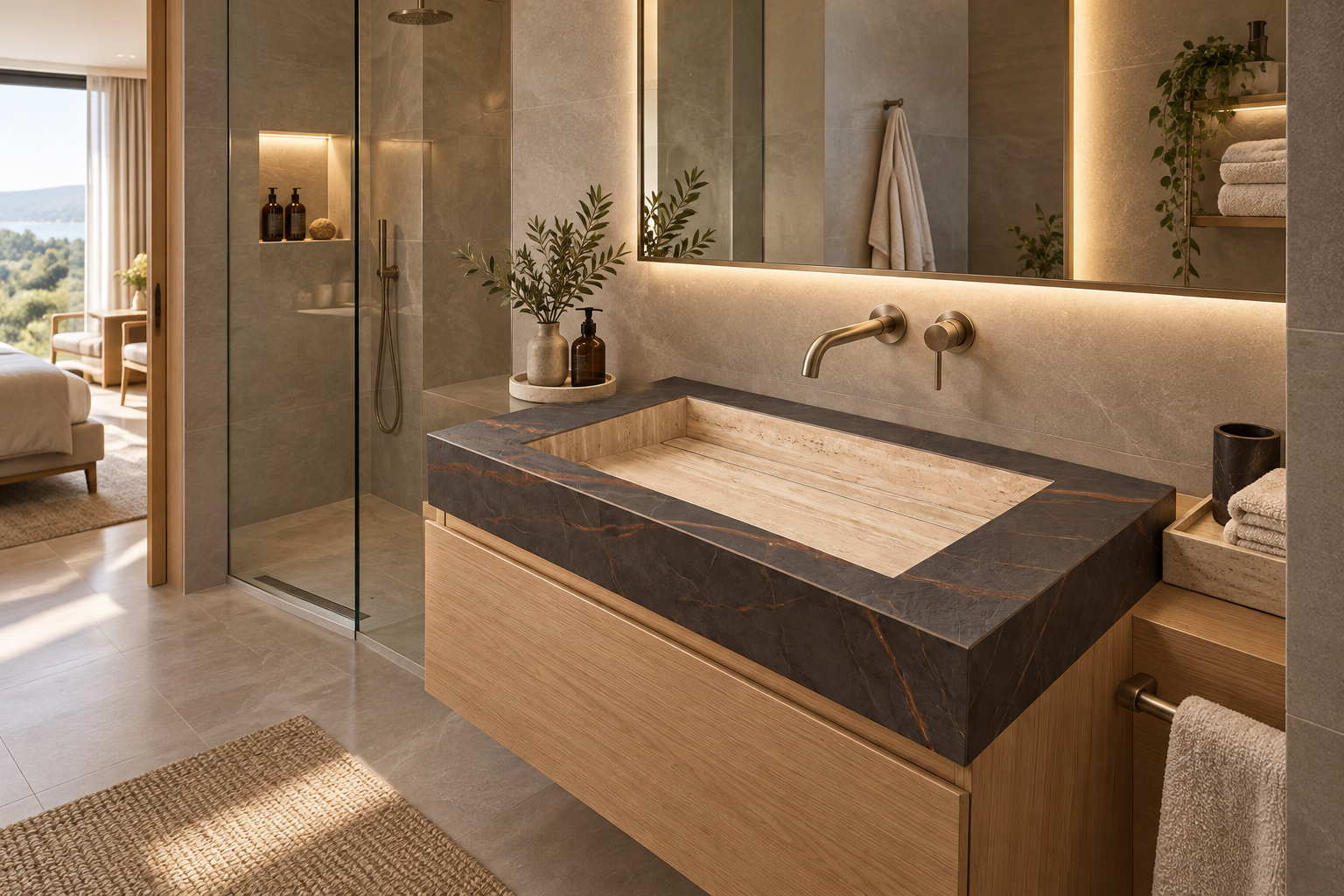 Karvion lavabonun mat traverten haznesi, koyu damarlı çerçevesi ve ahşap dolabıyla tasarlanmış otel süiti banyo konsepti