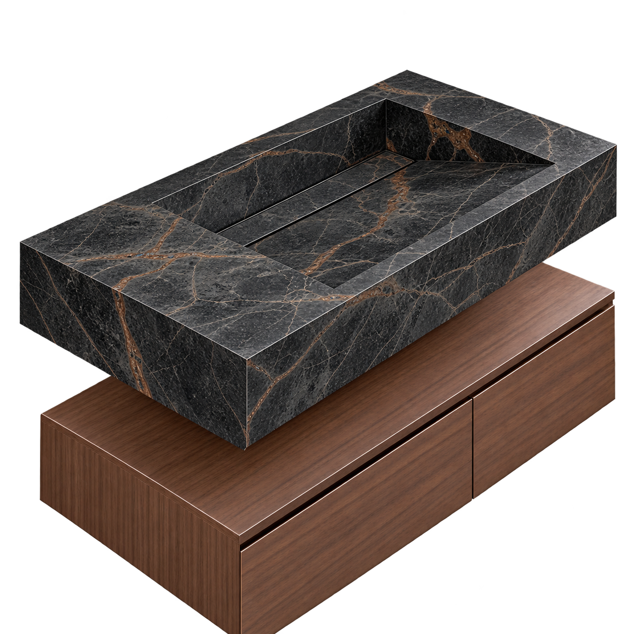 Korvian — ahşap raflı lavabo; porselen ürün görünümü